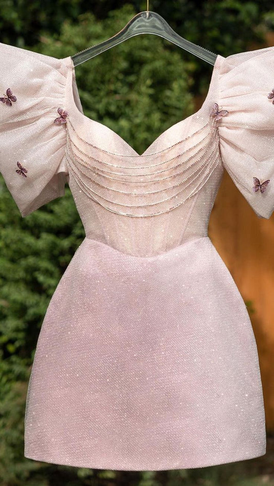chic glitter a-line v-neck puff sleeves gown beaded short homecoming dress Birthday Outfits P1957