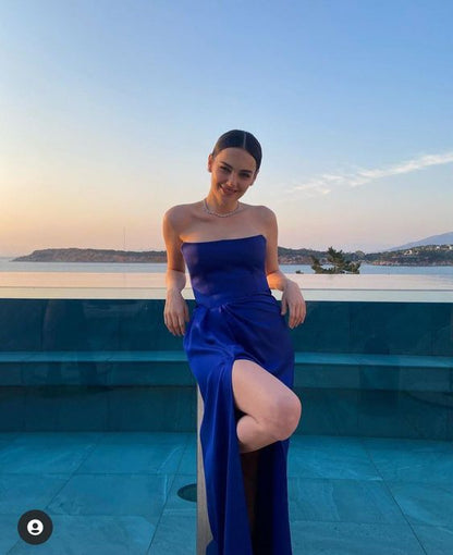 Sexy Sheath Strapless Royal Blue Slit Prom Dresses Evening Dress P2009
