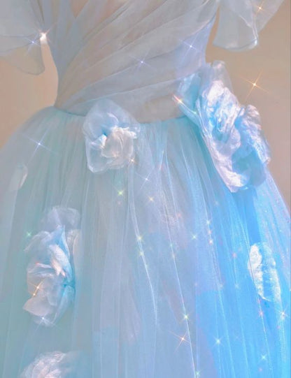 Fairy A line Blue Floral Prom Dresses Evening Dress P2057