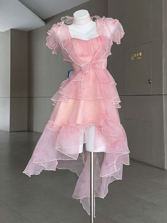 vintage high low pink homecoming dress 18th birthday outfits P2072