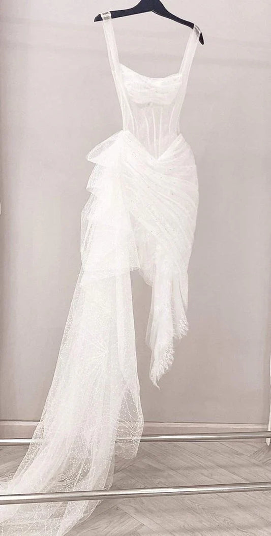 Vintage White Irregular Skirt Hem Sheath Tulle Prom Dress Party Dress Evening Dress TP4500