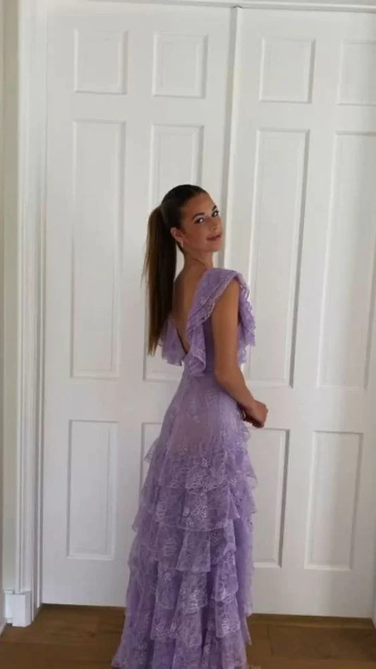 Vintage Lilac A-Line Lace Tiered Prom Dress Party Dress Evening Dress TP4503
