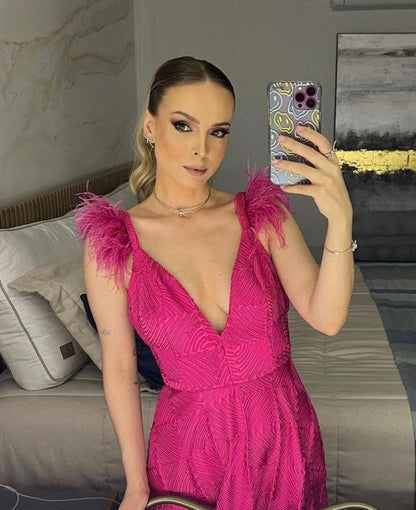 Sexy A line Long Hot Pink Lace Prom Dress Party Dress 22th Birthday Outfits P2114