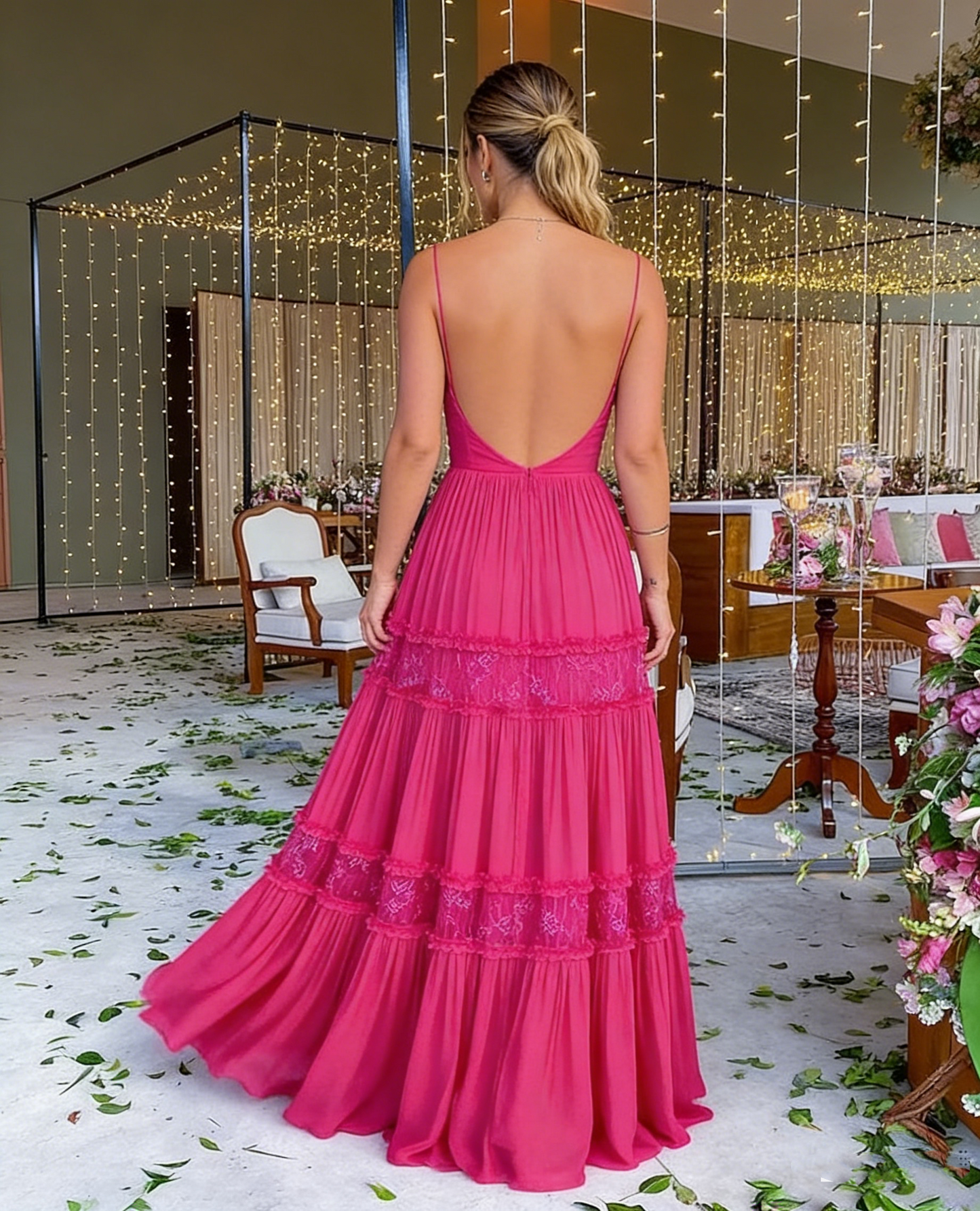 Elegant A line Long Tiered Hot Pink Lace Prom Dress 22th Birthday Outfits P2126
