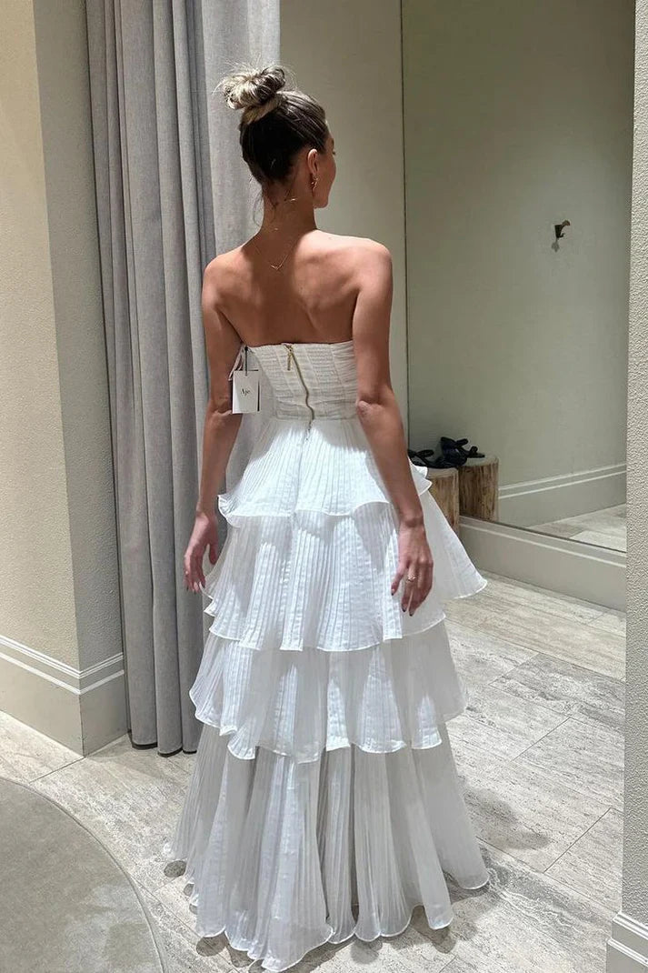 Vintage White Chiffon Strapless A-Line Tiered Prom Dress Party Dress Evening Dress TP4504