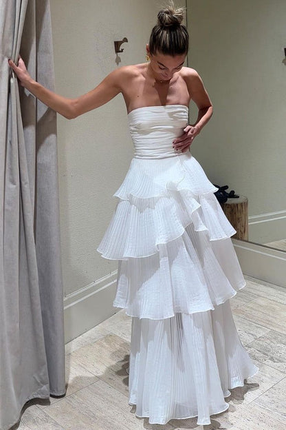 Elegant Ball Gown 2 Pieces Long White Tiered Prom Dress 21th Birthday Outfits P2144