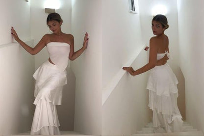 Elegant 2 Pieces Strapless Long White Tiered Prom Dress 21th Birthday Outfits P2146