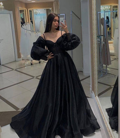A line Off The Shoulder Long Sleeves Black Slit Prom Dress 21th Birthday Outfits P2183
