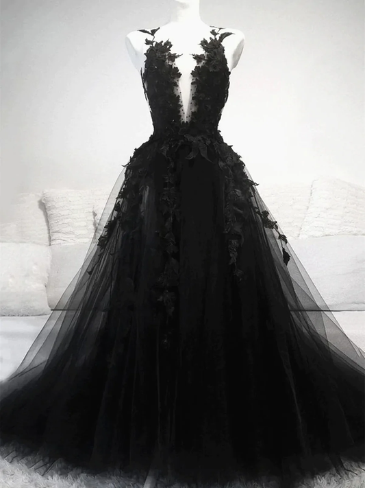 Black V Neck Lace Formal Graduation Dresses Prom Dresses Evening Dress P2196