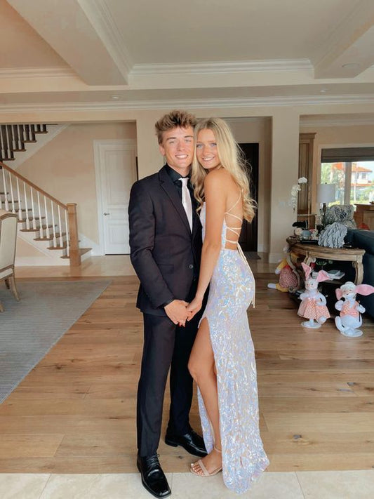 Elegant Mermaid Sequin Backless Long Prom Dresses Formal Dress P2225