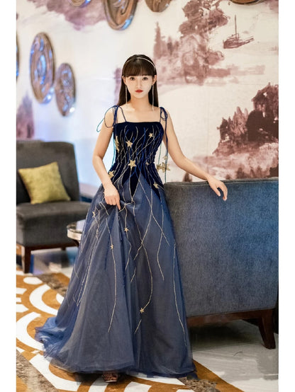 Elegant Navy Blue Spaghetti Strap Long Prom Dress with Star P2228