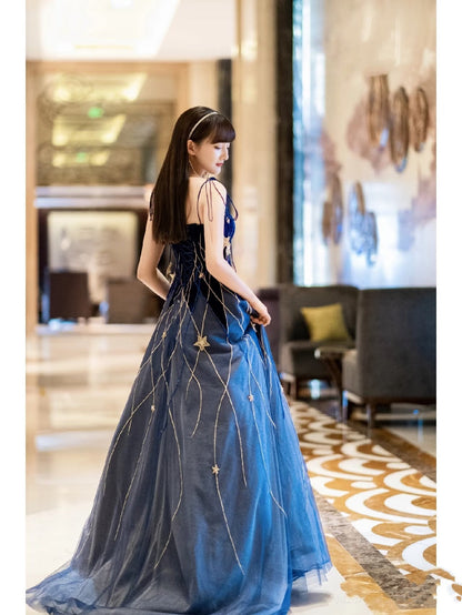 Elegant Navy Blue Spaghetti Strap Long Prom Dress with Star P2228