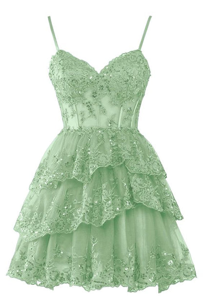 Simple A line Light Blue Sequin Lace Corset Bodice Tiered Homecoming Dress P2286