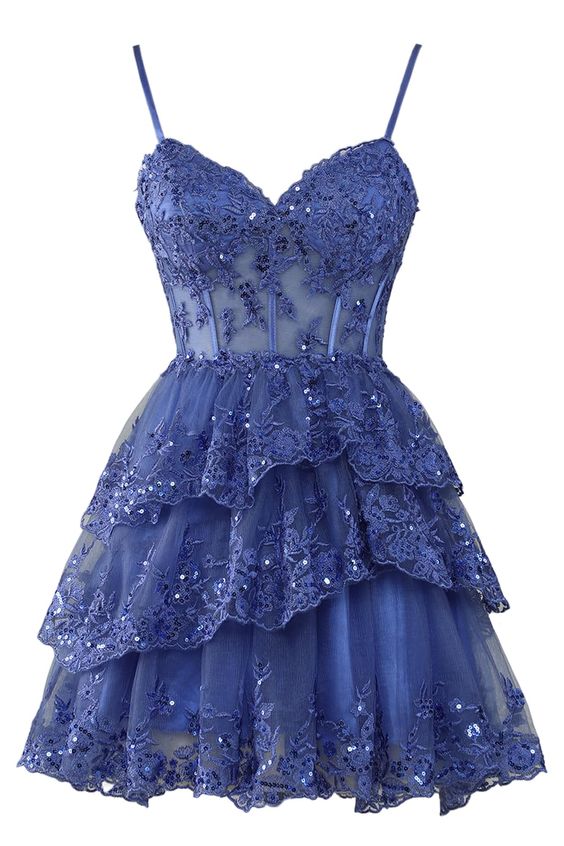 Sexy A Line Lace Short Navy Blue Homecoming Dress P2277