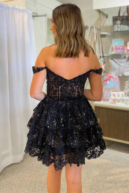 Off the Shoulder Sheer Corset Tiered Ruffles Black Homecoming Dress P2284
