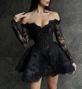 Vintage Shiny Black Lace Beaded Off-the-shoulder A-Line Short Party Dress Cocktail Dress Homecoming Dress TP4482