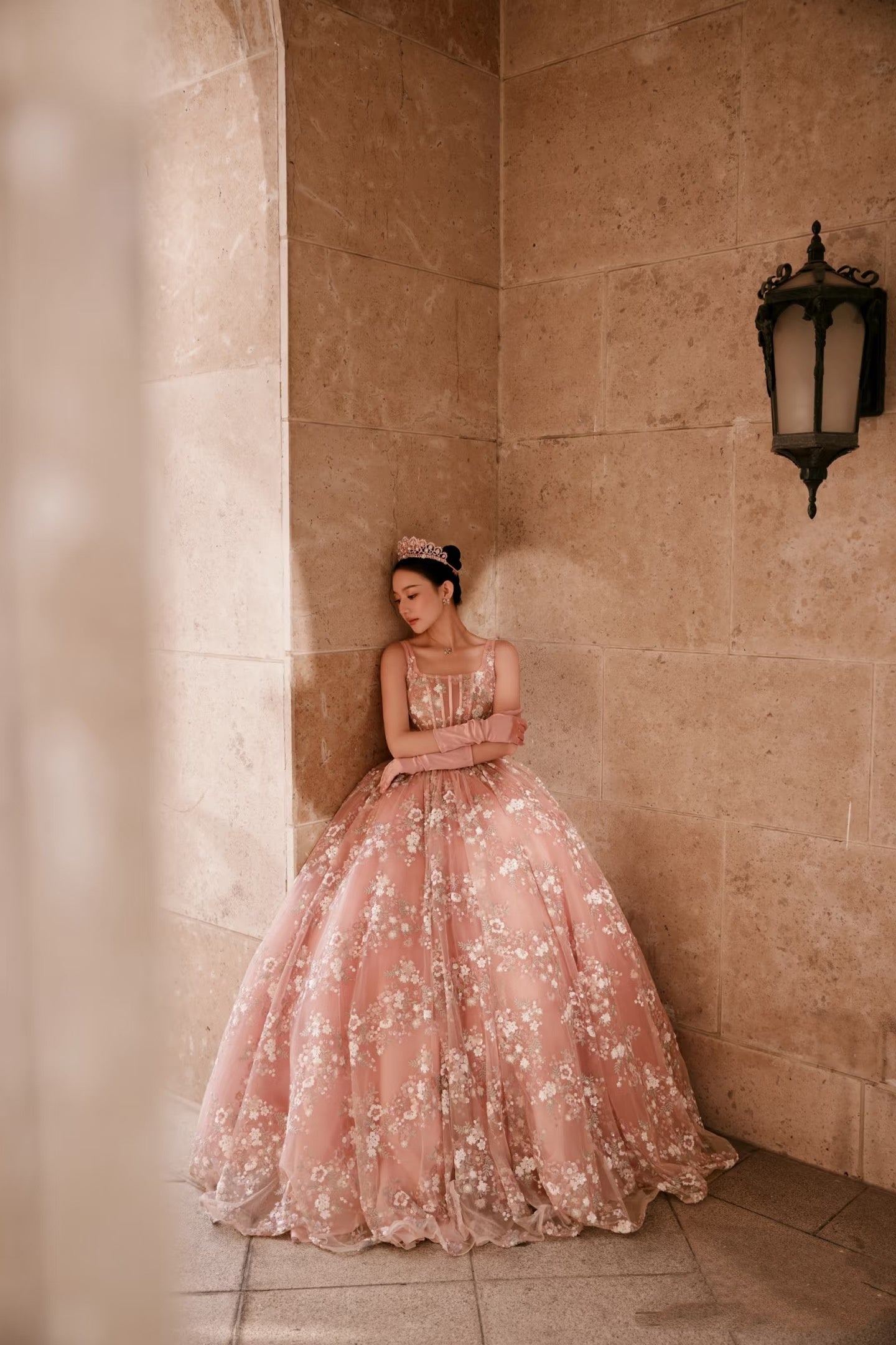 Modest A line Square Neckline Sleeveless Pink Floral Lace Floor Length Prom Dresses P2299
