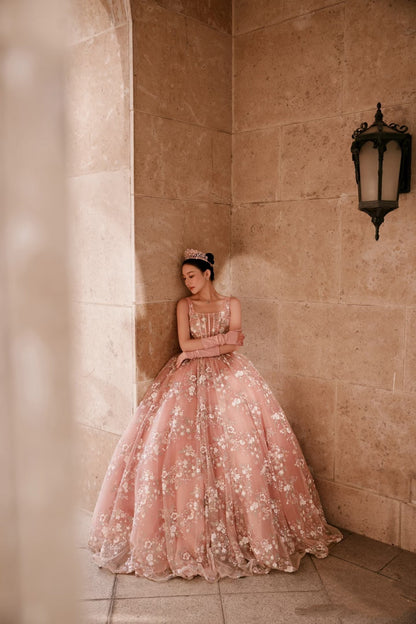Modest A line Square Neckline Sleeveless Pink Floral Lace Floor Length Prom Dresses P2299