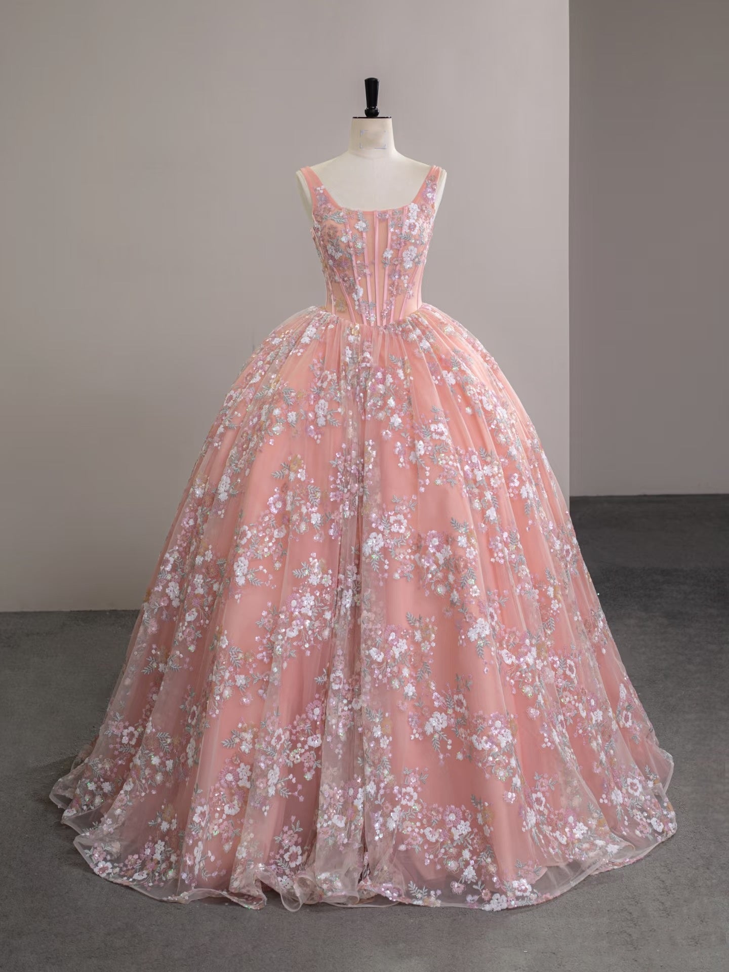 Modest A line Square Neckline Sleeveless Pink Floral Lace Floor Length Prom Dresses P2299