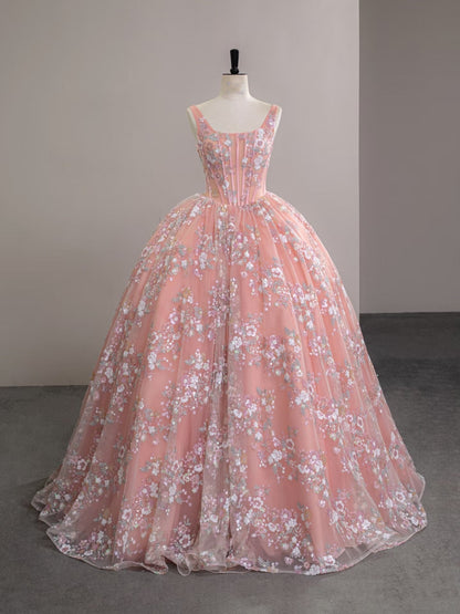 Modest A line Square Neckline Sleeveless Pink Floral Lace Floor Length Prom Dresses P2299