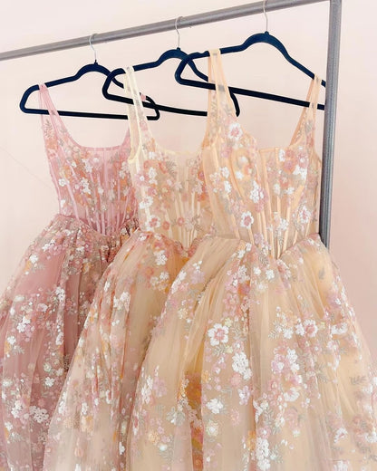 Modest A line Square Neckline Sleeveless Pink Floral Lace Floor Length Prom Dresses P2299