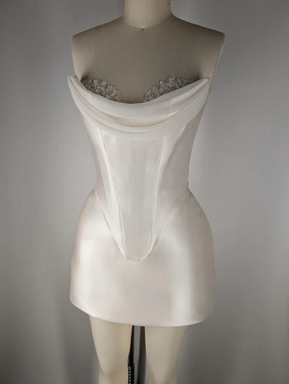 Elegant Satin Tube Top Feather Edge Bodycon 19th Birthday Homecoming Dress P3604