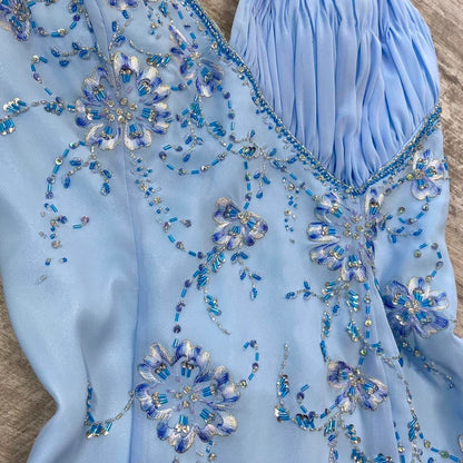 girlhomeshops--Blue Fashion Suspenders Exquisite Beading Beautiful Open Back Slit Chiffon Ball Gown Long Evening Dress gh5611