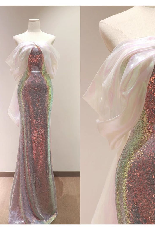Modest Sheath Off The Shoulder Sequin Long Party Dress Pink Prom Dress P2330