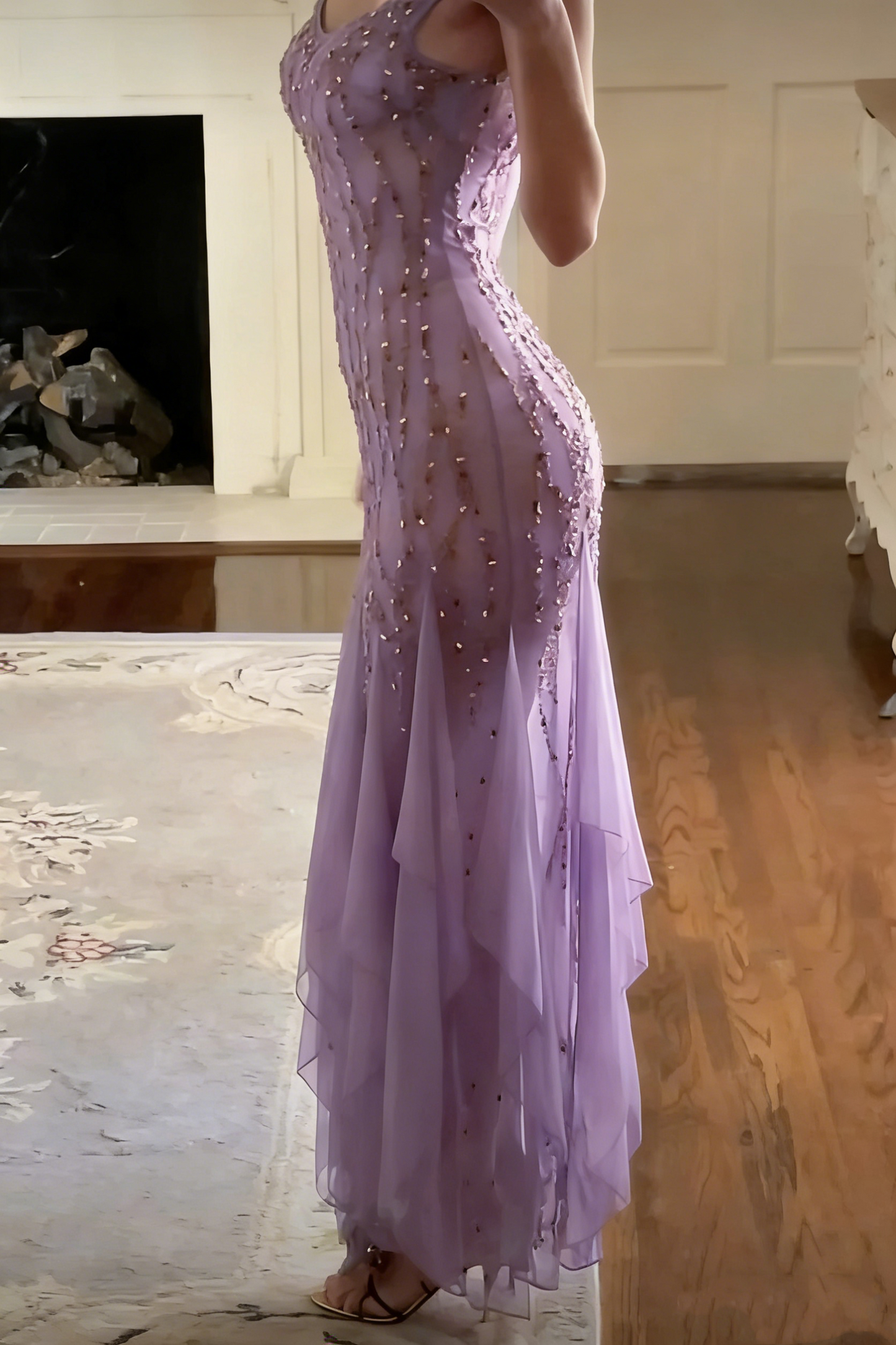 Modest Mermaid V Neckline Pink Chiffon Ruffles Long Party Dress Prom Dresses P2336