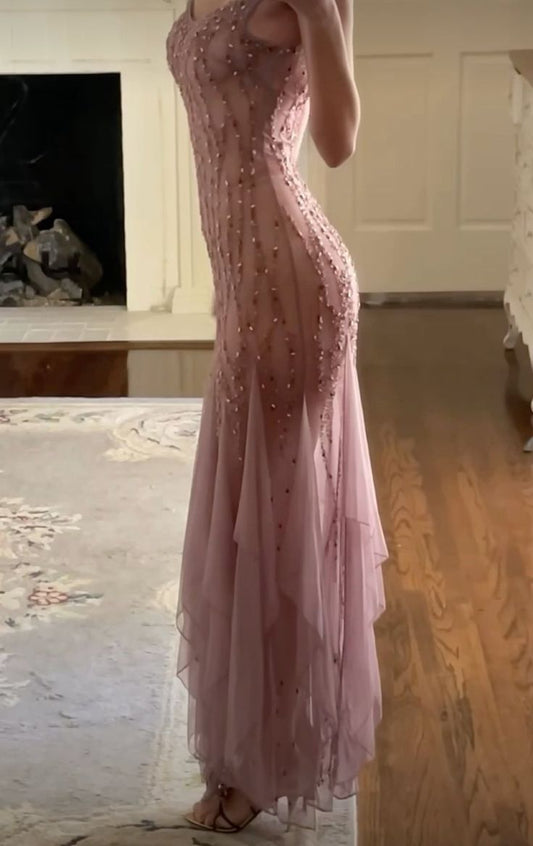 Modest Mermaid V Neckline Pink Chiffon Ruffles Long Party Dress Prom Dresses P2336