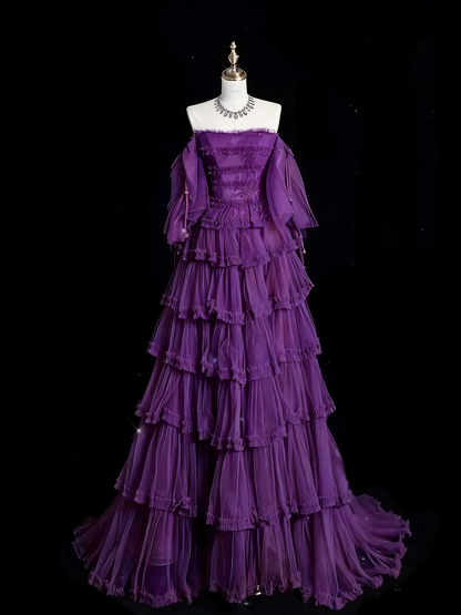 Chic Ball Gown Off The Shoulder Long Sleeves Evening Dress Tulle Long Prom Dresses P2340