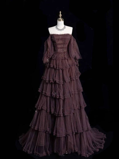 Chic Ball Gown Off The Shoulder Long Sleeves Evening Dress Tulle Long Prom Dresses P2340