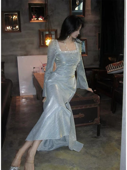 Classy Mermaid Square Neckline Long Sleeves Slit Prom Dresses Evening Gowns P2344
