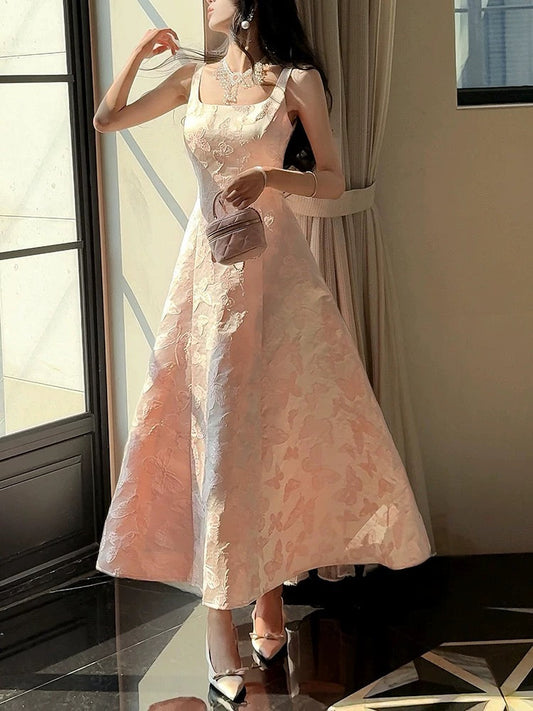 Pretty A Line Spaghetti Straps Pink Lace Satin Prom Dresses Evening Gowns P2350