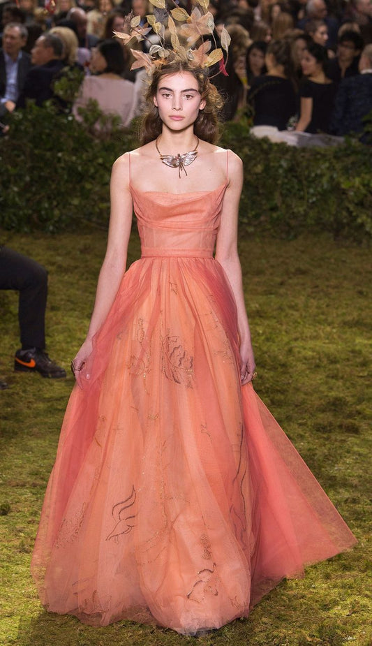 Pretty A Line Spaghetti Straps Orange Floor Length Evening Dress Tulle Prom Dresses P2378