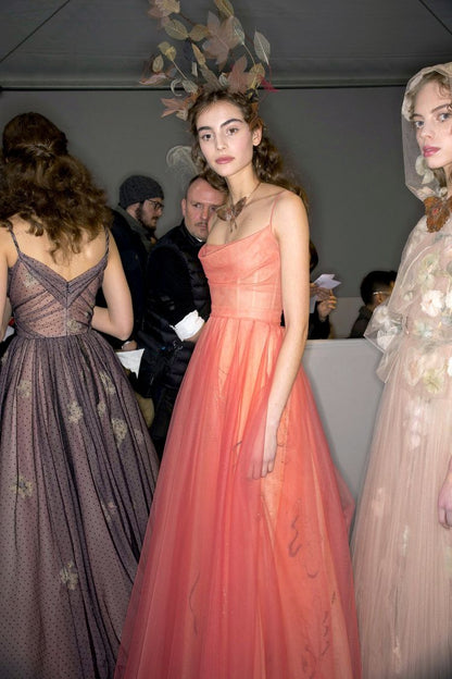 Pretty A Line Spaghetti Straps Orange Floor Length Evening Dress Tulle Prom Dresses P2378