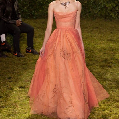 Pretty A Line Spaghetti Straps Orange Floor Length Evening Dress Tulle Prom Dresses P2378