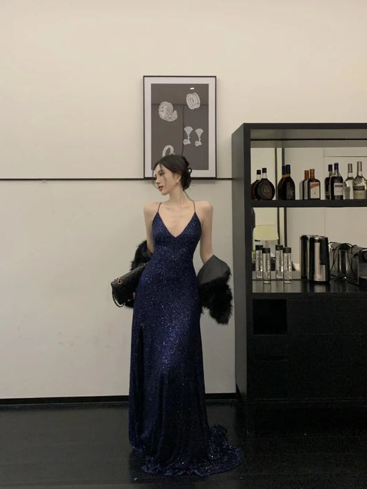 Sexy Sheath Spaghetti Straps Navy Blue Sequin Floor Length Evening Dress Sequin Prom Dresses P2393