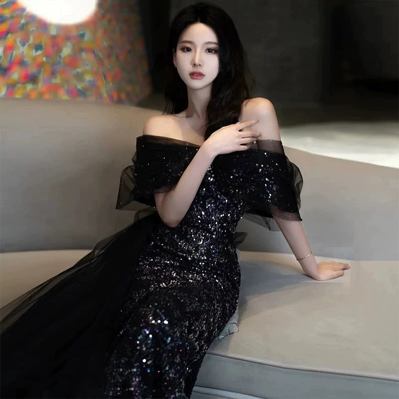 Sexy Mermaid Off The Shoulder Cap Sleeves Sequin Floor Length Black Prom Dresses P2399