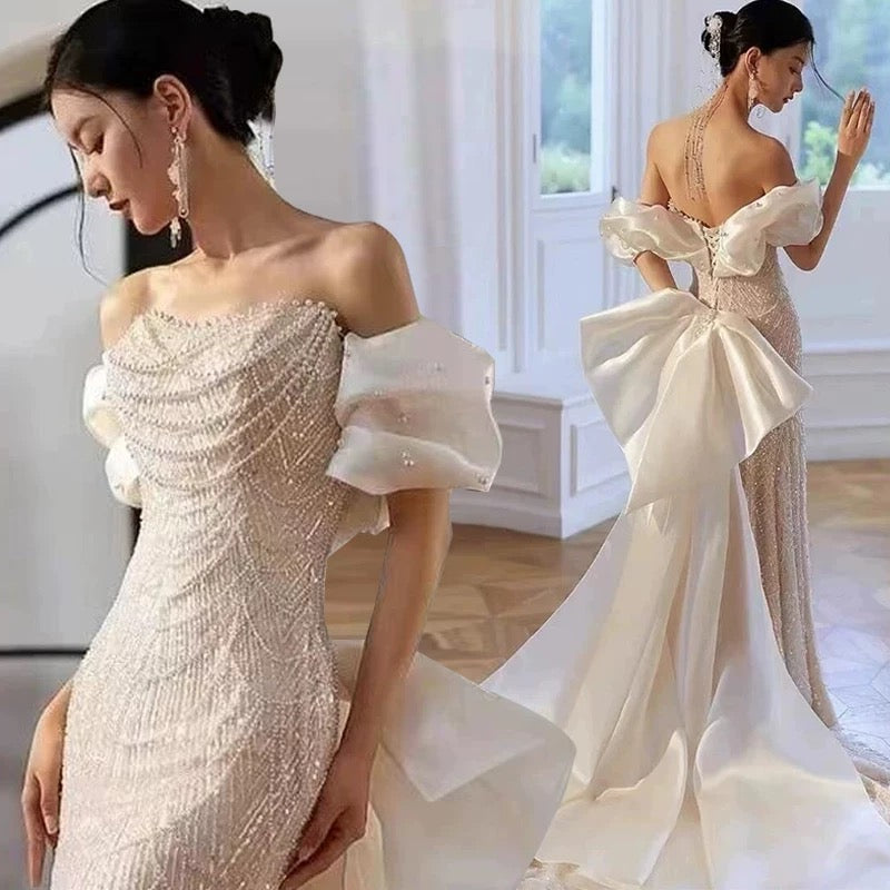 Modest A line Off The Shoulder Pink Sequin Long Floor Length Pearls Prom Dresses P2404