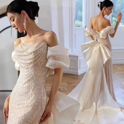 Modest A line Off The Shoulder Pink Sequin Long Floor Length Pearls Prom Dresses P2404