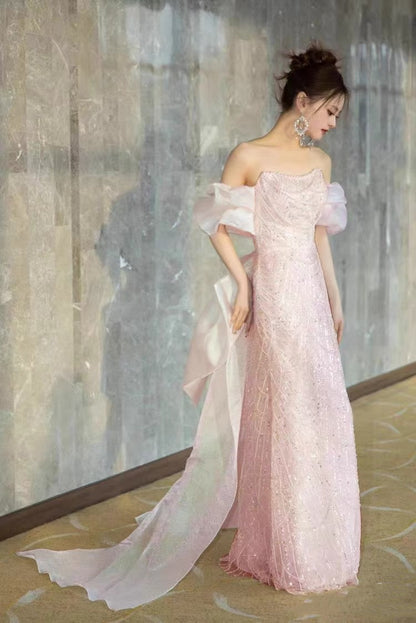 Modest A line Off The Shoulder Pink Sequin Long Floor Length Pearls Prom Dresses P2404