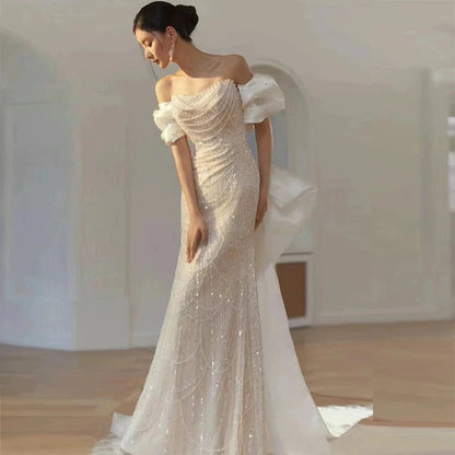 Modest A line Off The Shoulder Pink Sequin Long Floor Length Pearls Prom Dresses P2404