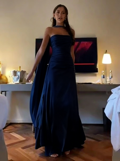 Simple A line Spaghetti Straps Blue Satin Prom Dresses Birthday Outfits P2450