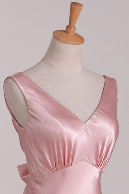 Vintage Mermaid V Neckline Pink Satin Long Prom Dresses Party Evening Dress P2456