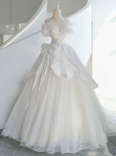 White French one-shoulder A-line satin off-shoulder elegant wedding dress P2497