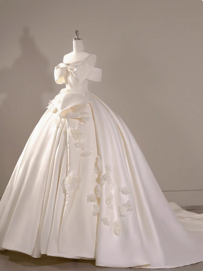 White satin A-line off-shoulder bow simple wedding dress P2498