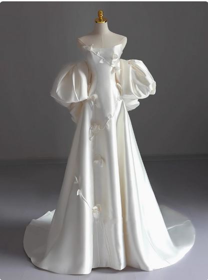 White sleeveless satin tube top elegant light wedding dress P2499