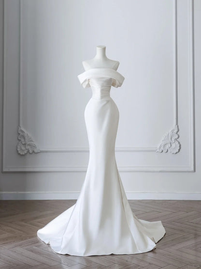 Simple White Mermaid Pleated One Shoulder Wedding Dress with Train P2508