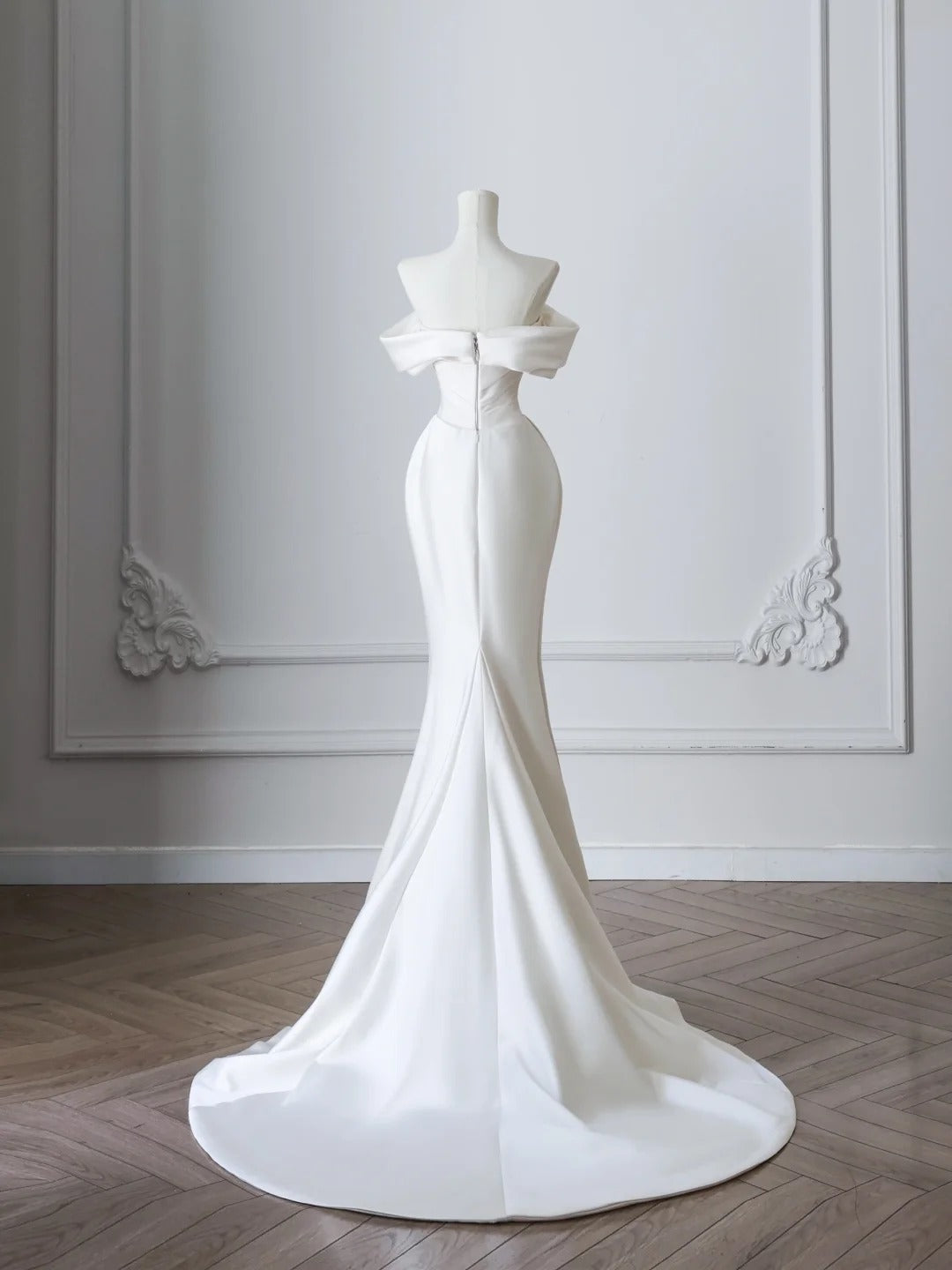 Simple White Mermaid Pleated One Shoulder Wedding Dress with Train P2508